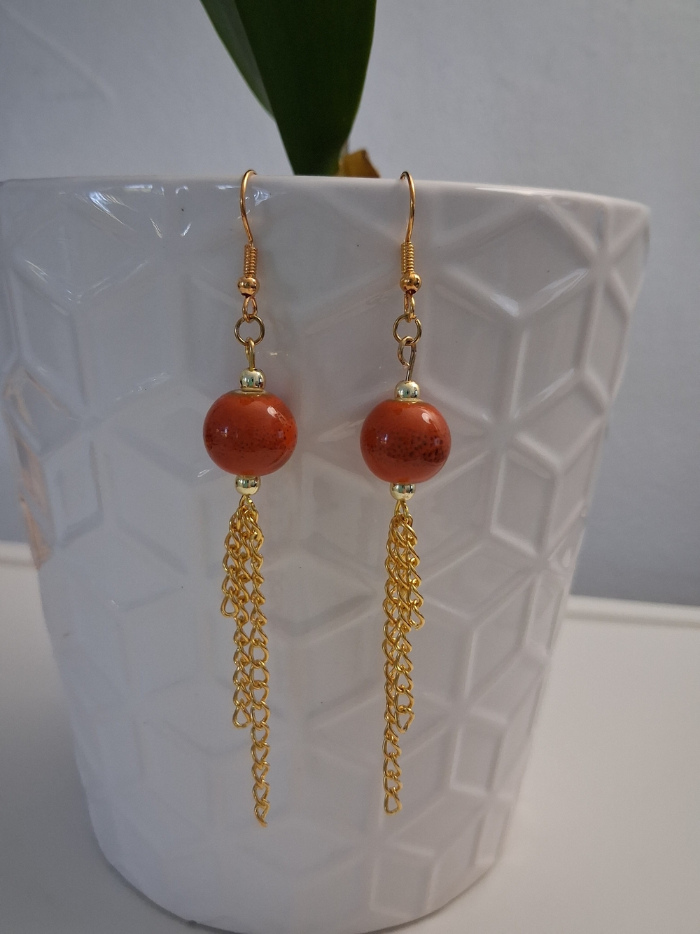 Gold Drop Earrings with Orange Bead and Chain Tassel - Women Jewelry